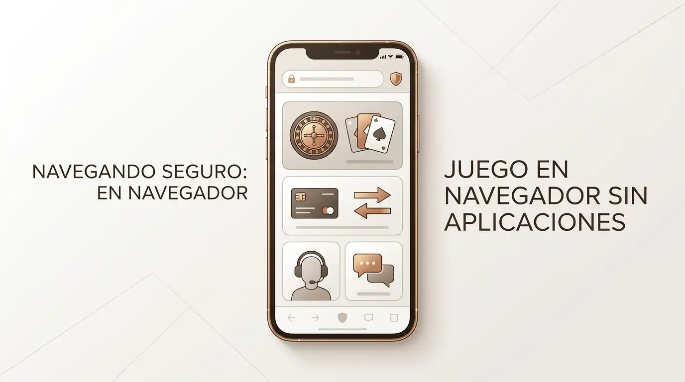 Ilustración editorial de un casino abierto en un navegador móvil con accesos genéricos a juegos, pagos y soporte