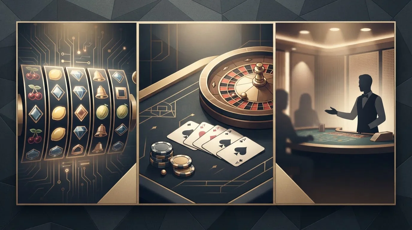Mosaico editorial de tragaperras, mesa de cartas, ruleta y casino en vivo sin marcas reales