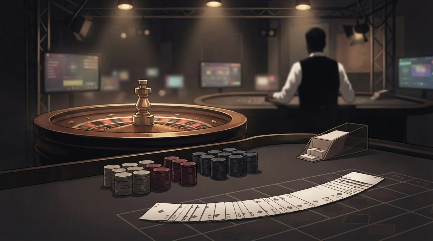 Ilustración editorial de una mesa de casino en vivo con ruleta y cartas sin marcas ni interfaz real