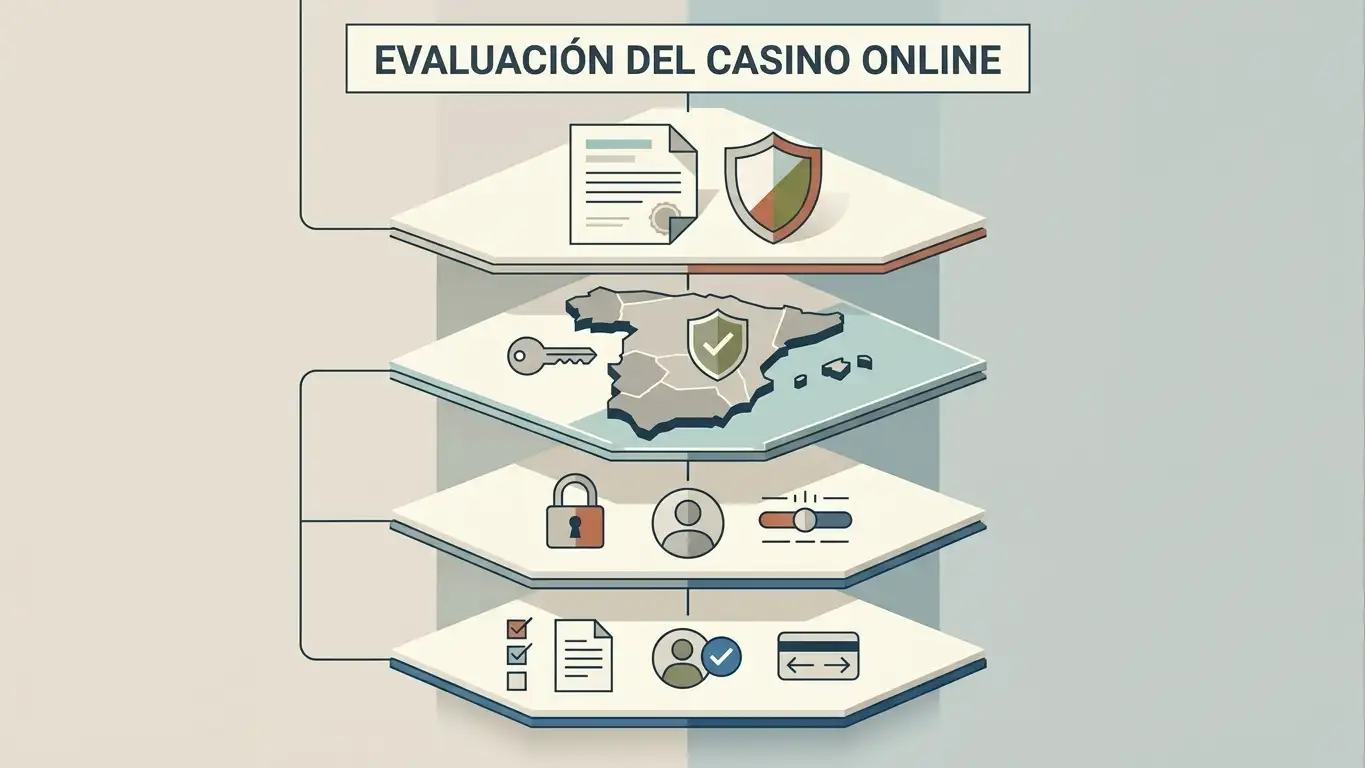 Diagrama conceptual de licencia, regulación española, controles de cuenta y fiabilidad operativa