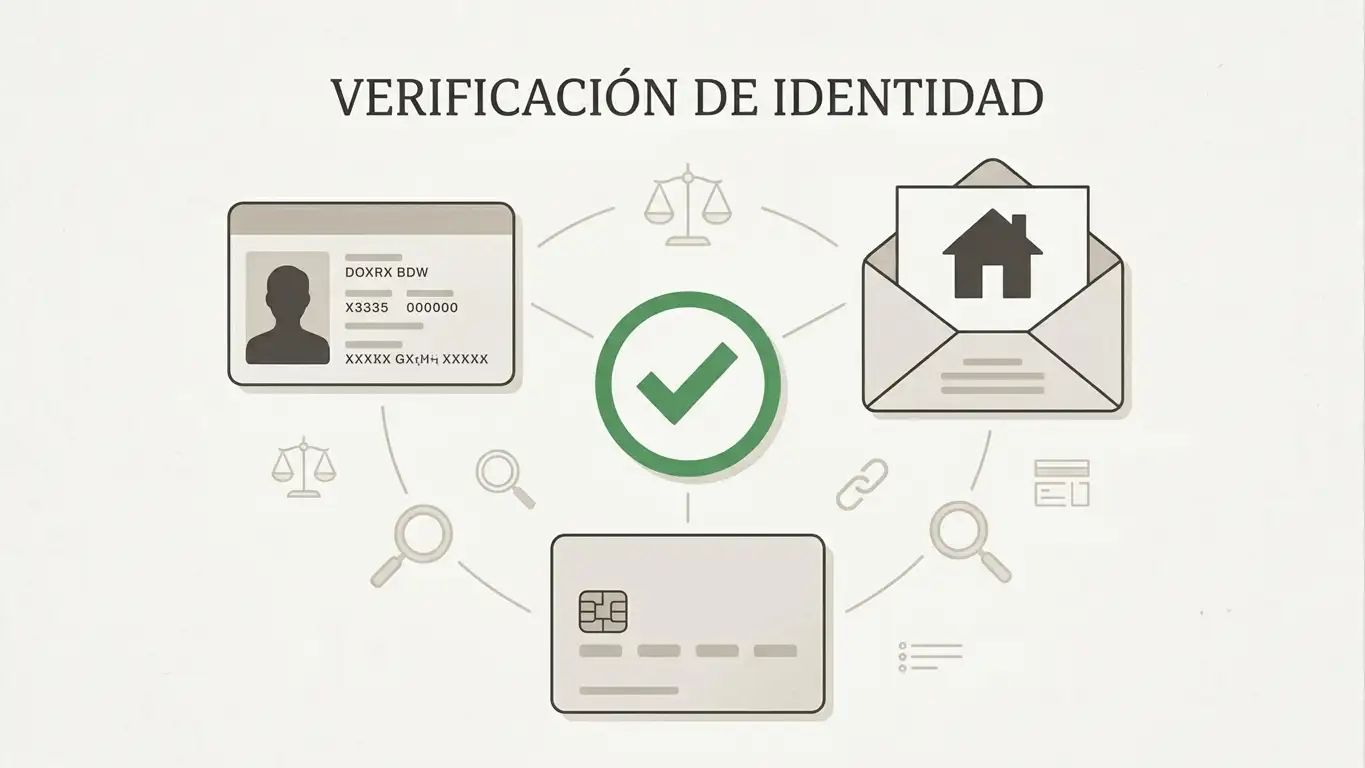 Checklist conceptual de identidad, domicilio y método de pago para una verificación KYC