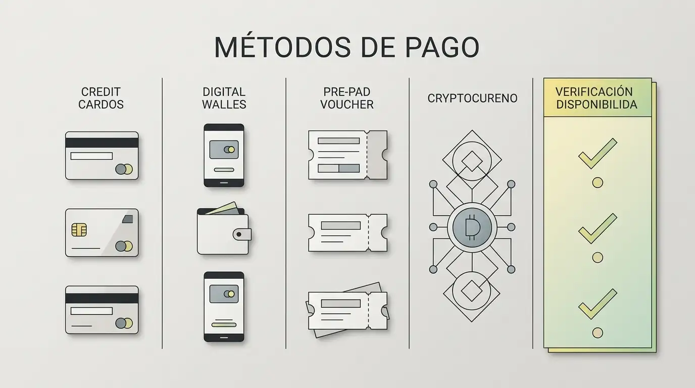 Ilustración editorial de una matriz de pagos con tarjetas, monederos, vouchers y criptomonedas