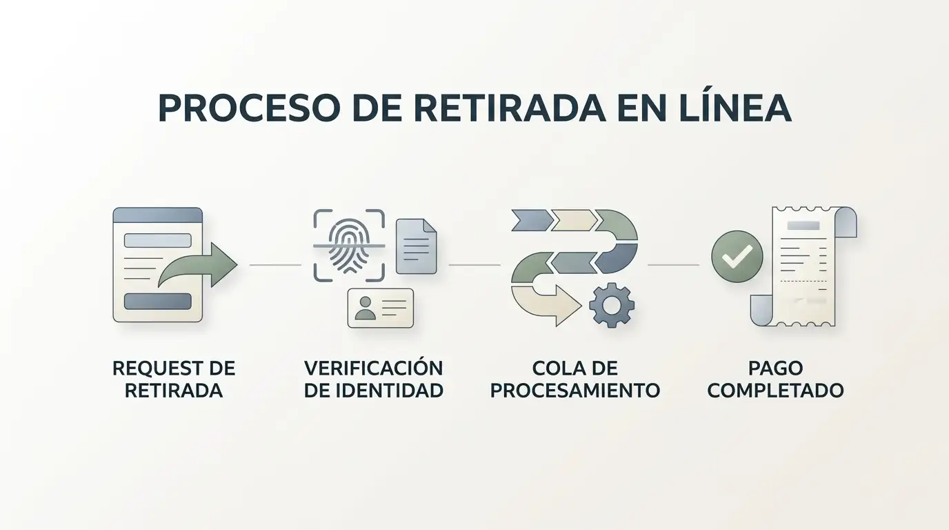 Ilustración editorial del flujo de retirada con solicitud, verificación, procesamiento y pago